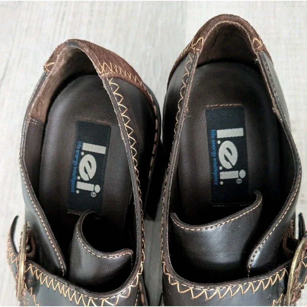 90s L.E.I. Brown Chunky Platform Buckle Shoes Grunge Women's Sz 8.5 Vintage Y2K